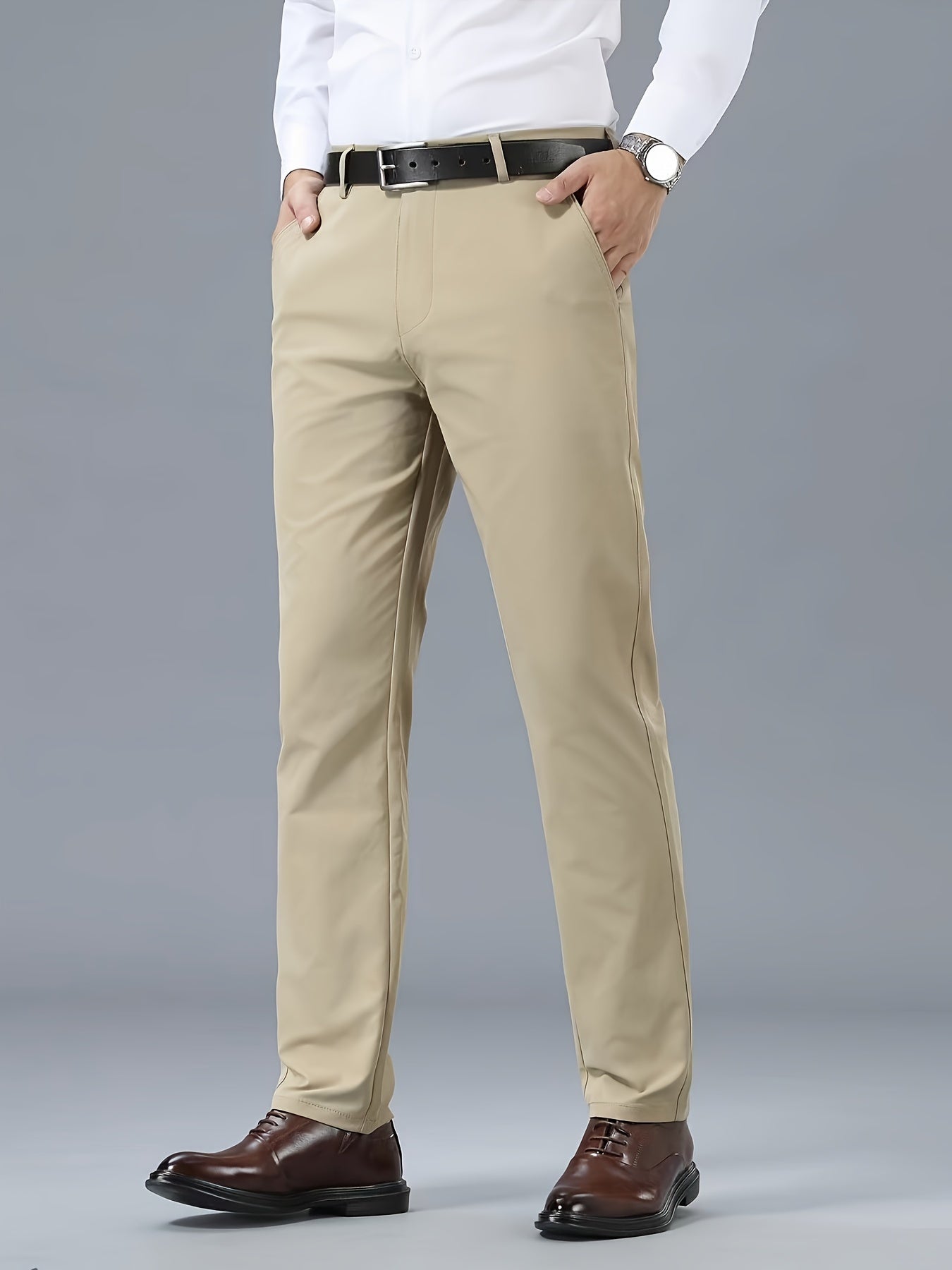 Men's Classic Business Casual Pants - Polyester, Solid Color, Regular Fit for All Seasons