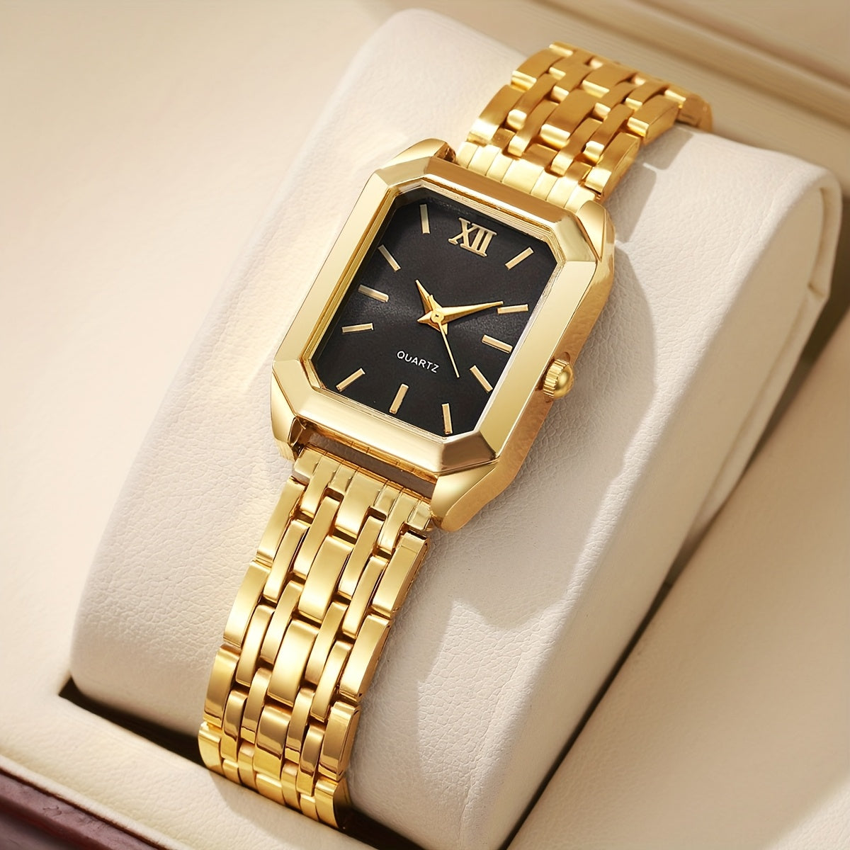1pc Women's Luxury Square Watch with Multi-Color Dial & Golden-Tone Zinc Alloy Band - Quartz Movement, Fashionable Wristwatch for Casual & Formal Occasions, Casual Wristwatch | Colorful Dial Watch | Premium Look Watch