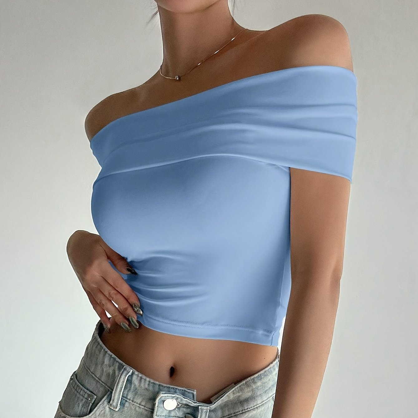 Chic Comfort| Elegant Women's Light Pink Off-Shoulder Ruched Crop Top - Slim Fit, Solid Color, Polyester & Elastane Blend, Machine Washable for Summer, Casual Wear|Chic Offshoulder Top|Delicate Texture
