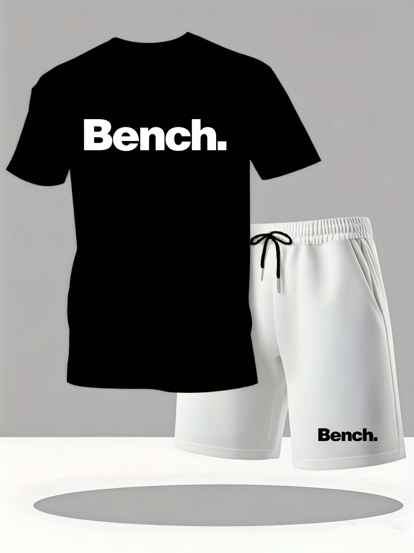 Summer Men'S Casual Sports Short Sleeve T-Shirt and Shorts Set, Knitted Polyester Fabric, Comfortable Breathable, Bench. Letter Print Design - 2pcs