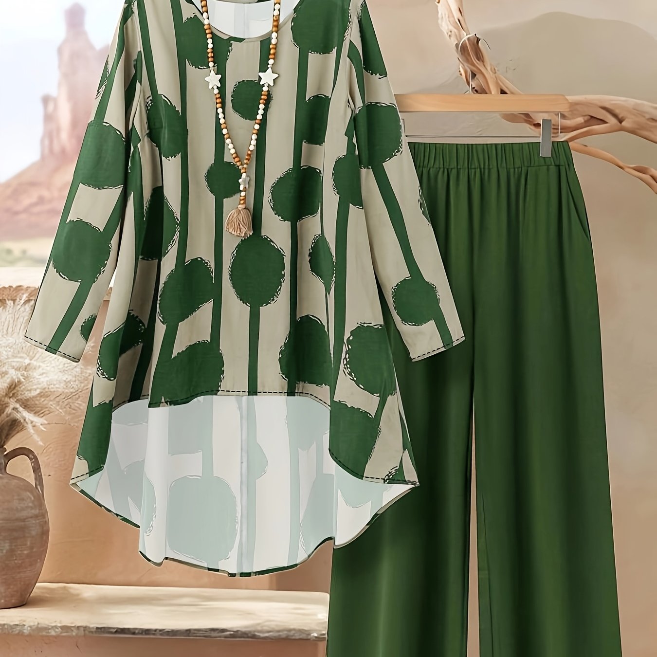 Plus Size, Women's Plus Size Printed Elegant Loose Long Sleeve Top and Pants Set