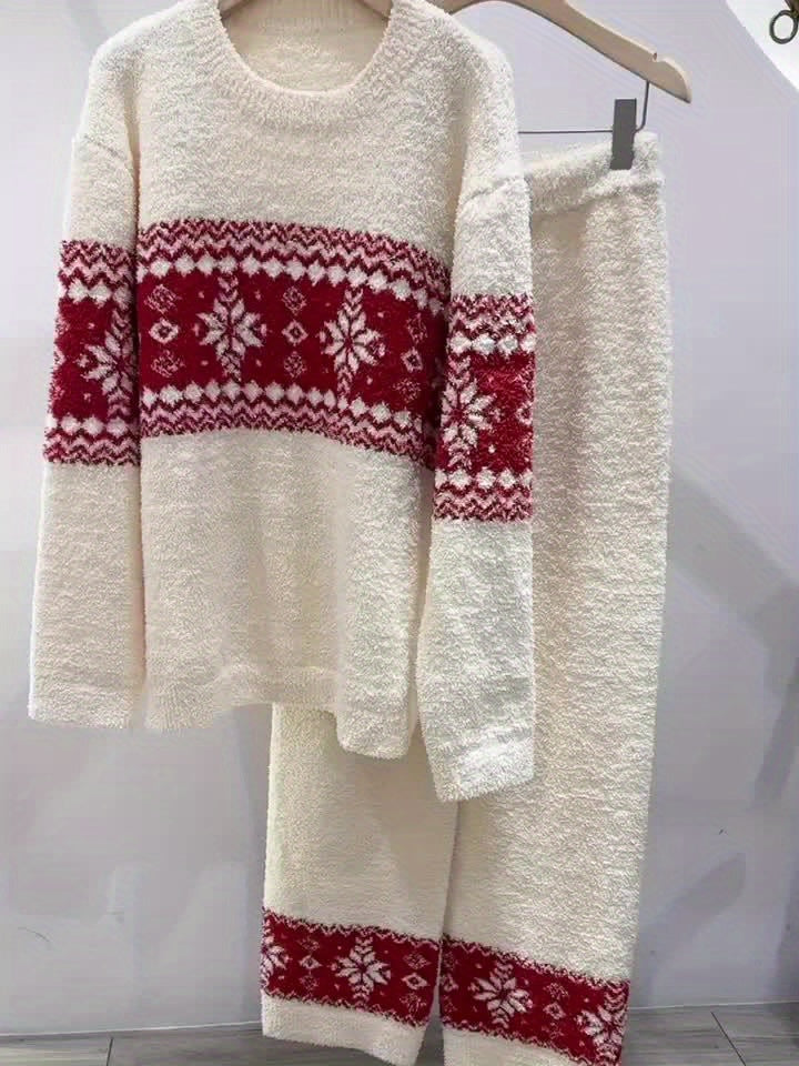 Կանացի աշնանային/ձմեռային տնային հագուստի փափուկ, տաք, նորաձև, Սուրբ Ծննդյան, ձնծաղիկի տեսքով երկար թևքերով տաբատների հավաքածու 2 հատ