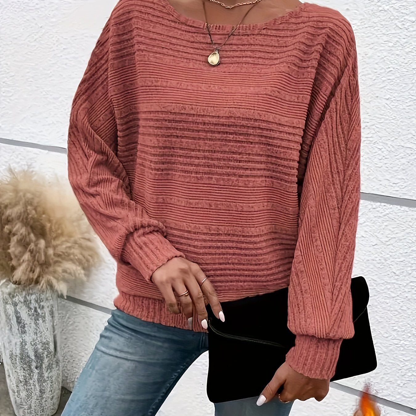 1 հատ Women'S Casual Crew Neck Knit T-shirt - պոլիեսթեր պինդ գույնի երկարաթև վերնաշապիկ գարնան/աշունի համար