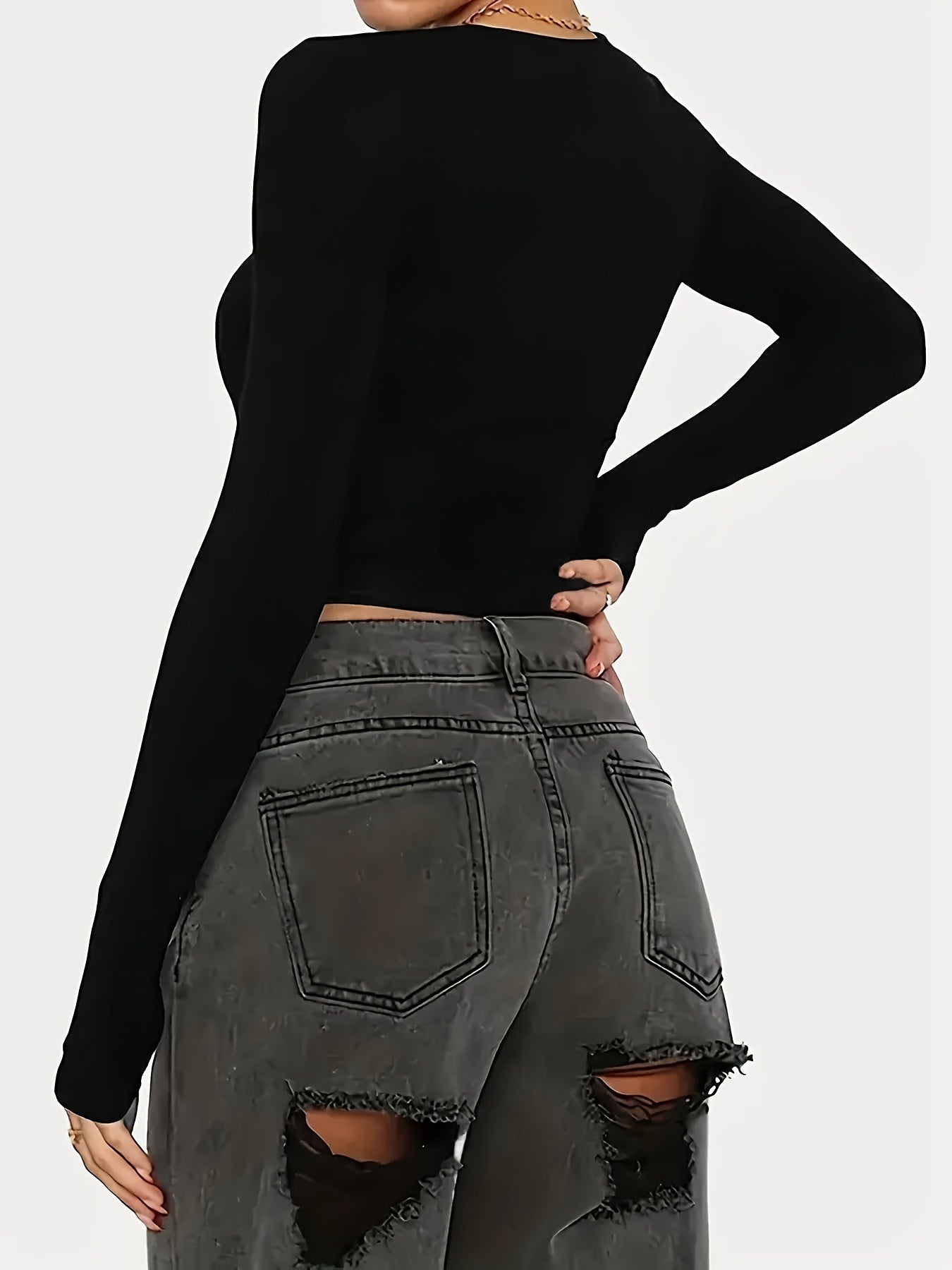 Women's Y2K Style Solid Color Crew Neck Long Sleeve T-Shirt, Polyester Knit Fabric, Skinny Fit, Short Length Pullover for Spring/Fall, Ladies T Shirts