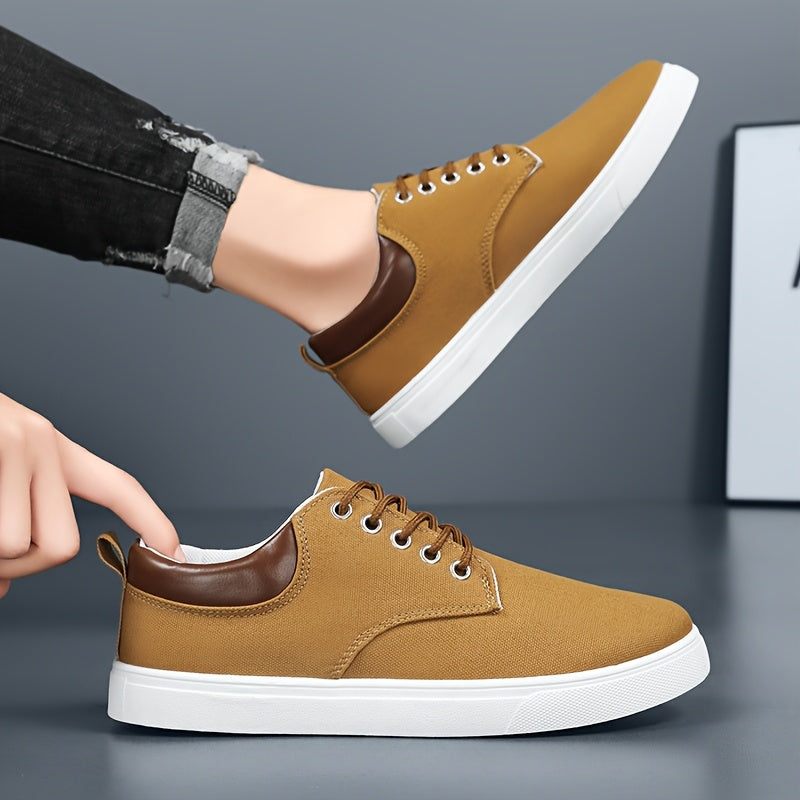 1pair Men'S Classic Breathable Canvas Sneakers, Comfortable Non-Slip Durable Walking Shoes, Casual Loafers, Round Toe, Low-Top, Lace-Up, Solid Color, All-Season Sports Footwear
