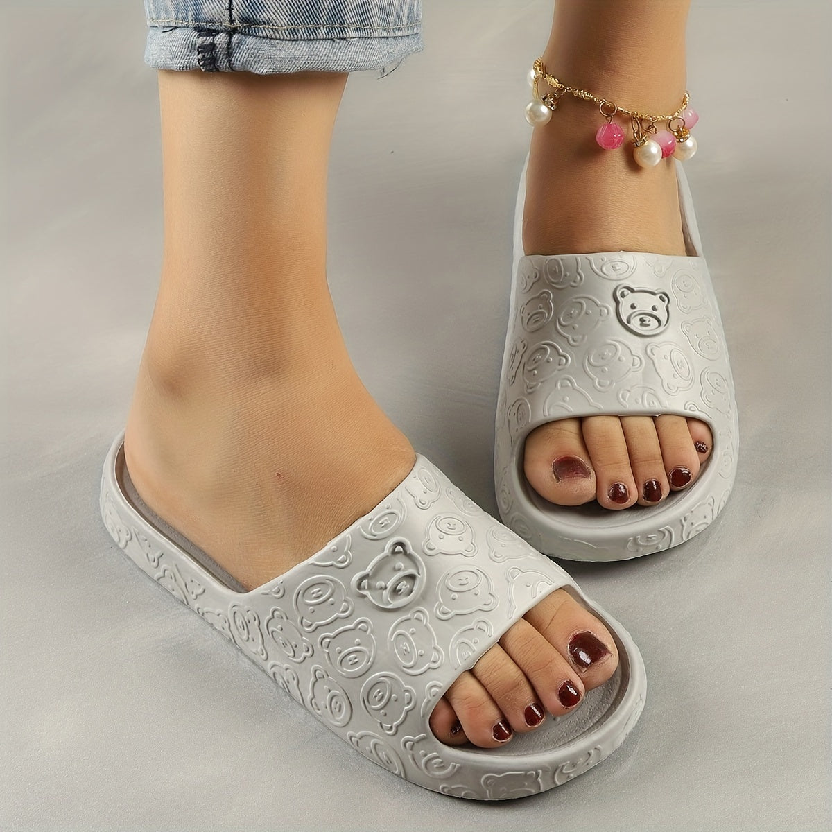 Women's Cute Bear Pattern Slides, Casual Open Toe Soft Sole Shoes, Lightweight Slip On Beach Slides