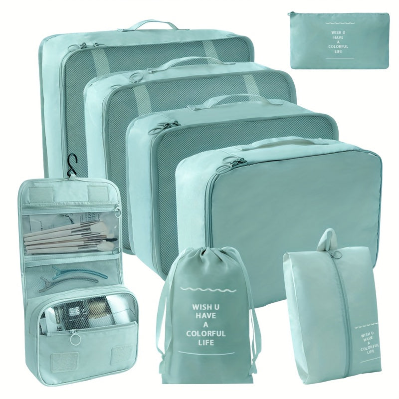 7pcs Pink Travel Organizer Set - Durable Polyester Packing Cubes with Inspirational Quotes, Includes Clothes, Underwear, Shoe, Cosmetic & Toiletry Bags for Efficient & Stylish Storage