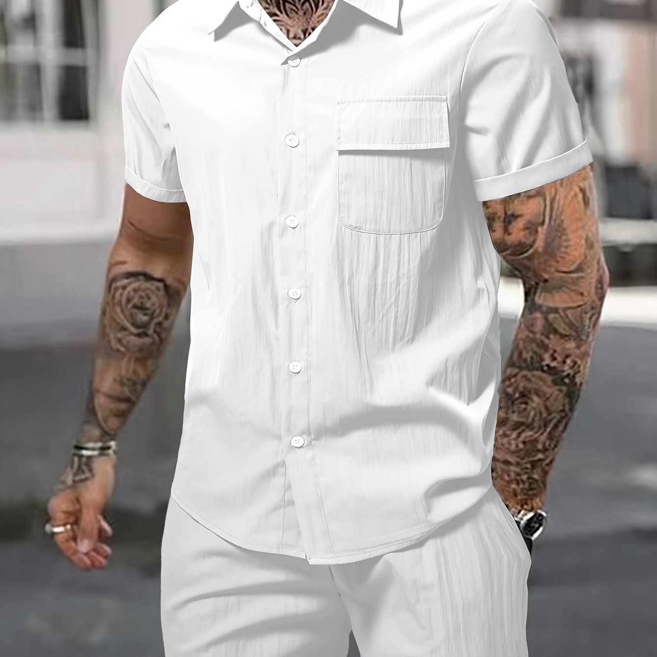 Men's Summer 2pcs Set: Casual Fashion Beige Short Sleeve Collared Shirt & Drawstring Shorts - Lightweight Blend, Ideal for Beach Vacations
