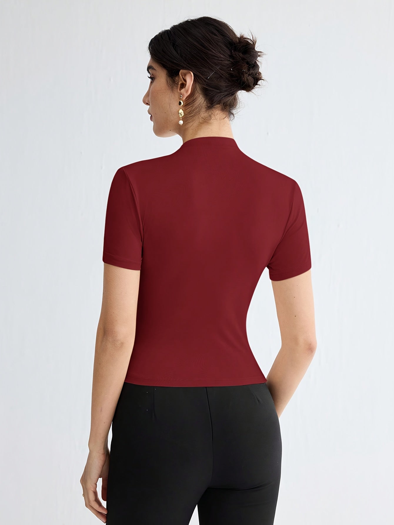 Elegant White Short Sleeve Turtleneck Top with Button Detail - Versatile Summer Blouse for Women, Casual Attire|Minimalist Style|Sleek Fit
