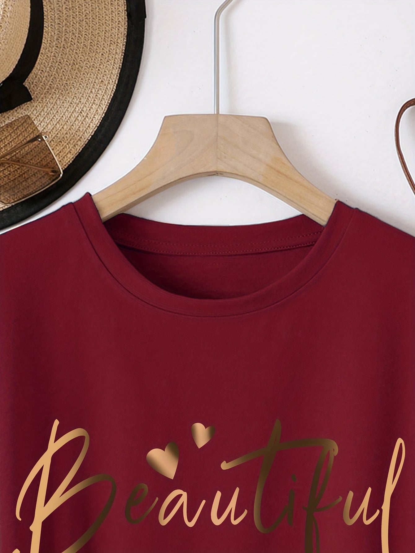 Women's Casual Letter Print T-Shirt - Soft Polyester, Short Sleeve Crew Neck Top for All Seasons, Round Neck, Sports Shirt