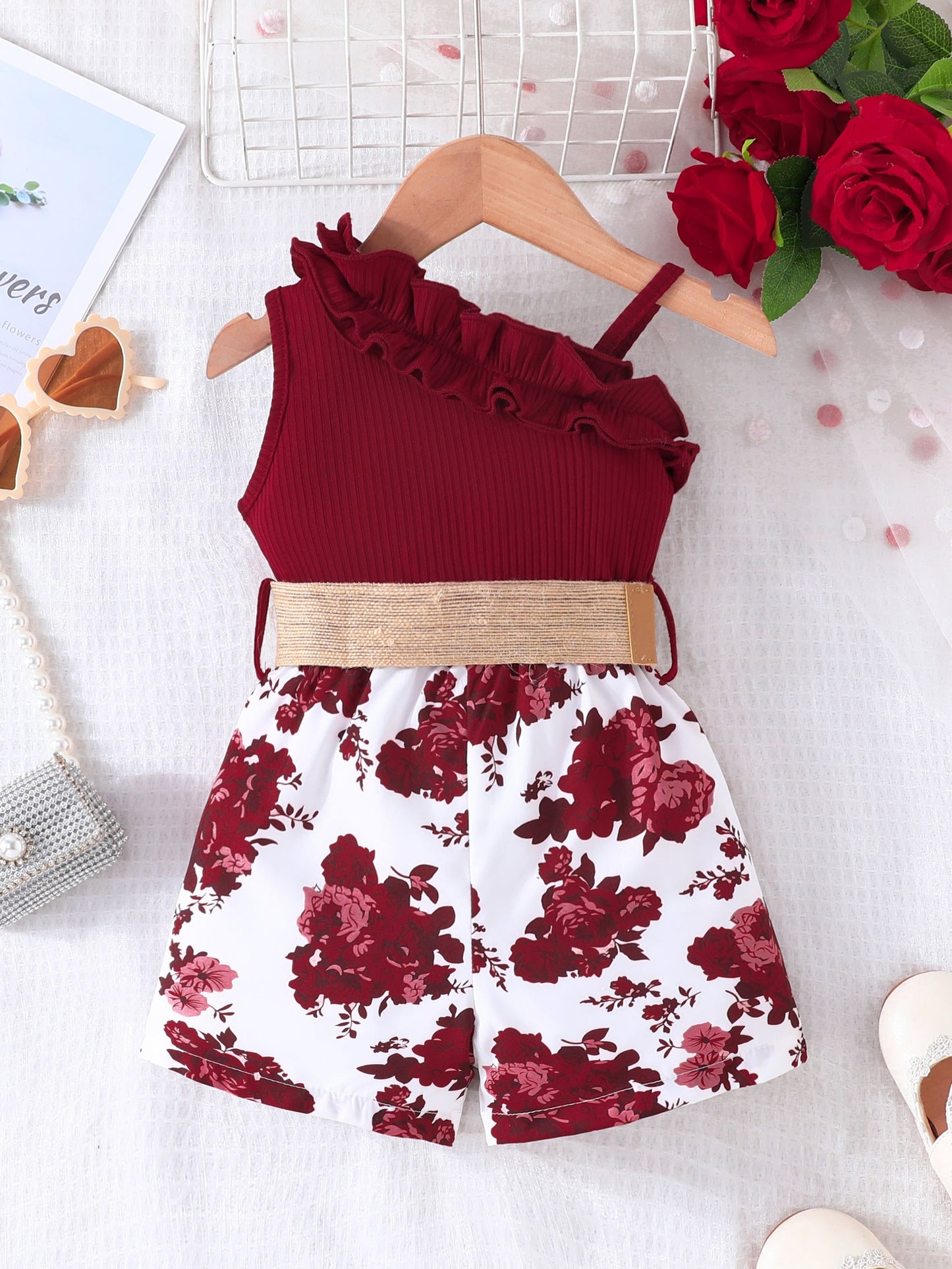 Baby's Vacation Style Flower Pattern Splicing One-Shoulder Romper With Belt, Toddler & Infant Girl's Bodysuit For Summer Daily & Outdoor Wear