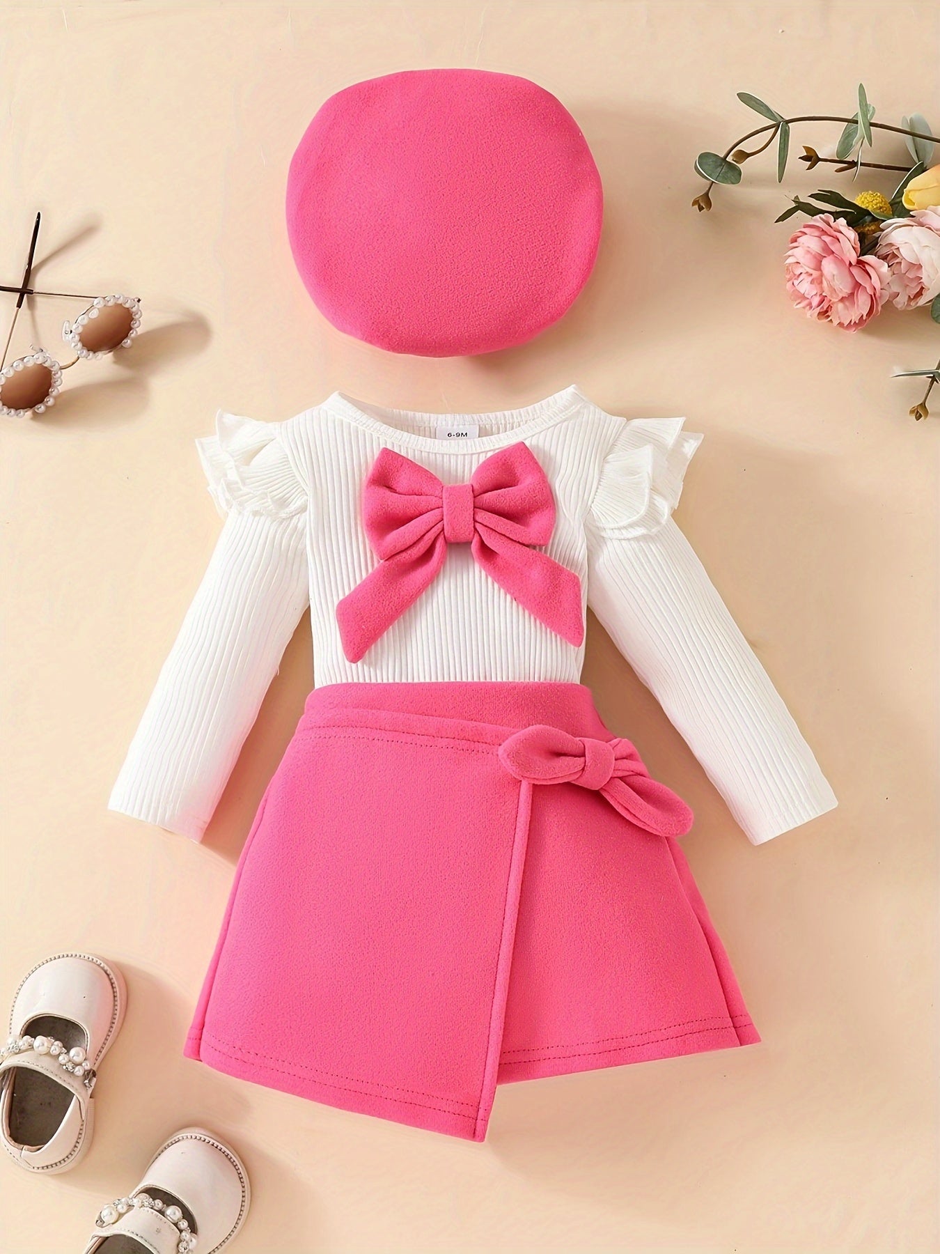 Honey Style Knitted Fabric Crew Neck Long Sleeve T-Shirt with Solid Color Flared Skirt and Beret Set for - Bow Detail Knee High Medium Stretch Fall/Winter Outfit