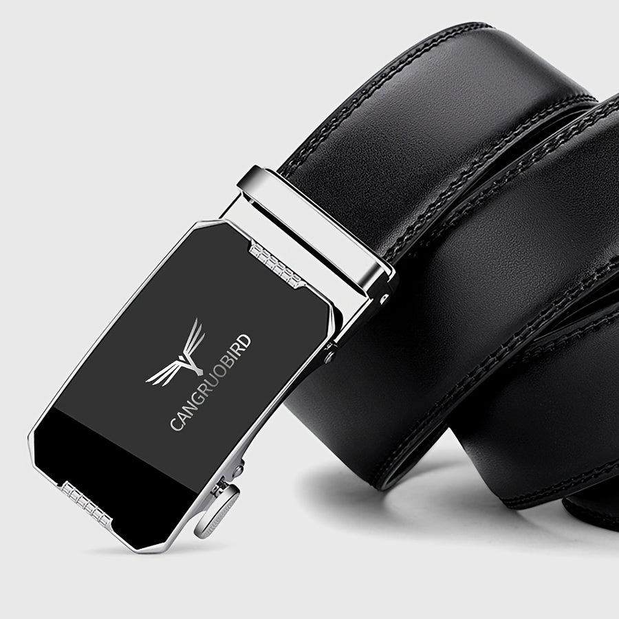 1pc Men'S Adjustable Automatic Buckle Belt - Sleek Black Faux Leather, Alloy Buckle, Stylish for Business & Casual Attire
