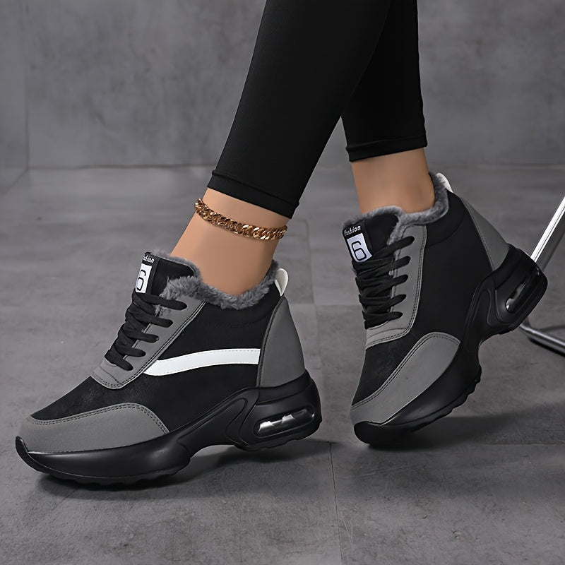 SOSENFER Women'S Winter Sneakers with Plush Lining - Low-Top Lace-Up Casual Shoes, Synthetic Cover Upper & Faux Sole, Machine Washable, Black & White Design for Casual Attire, Ladies Sneakers, Comfortable Footwear, Durable Tr