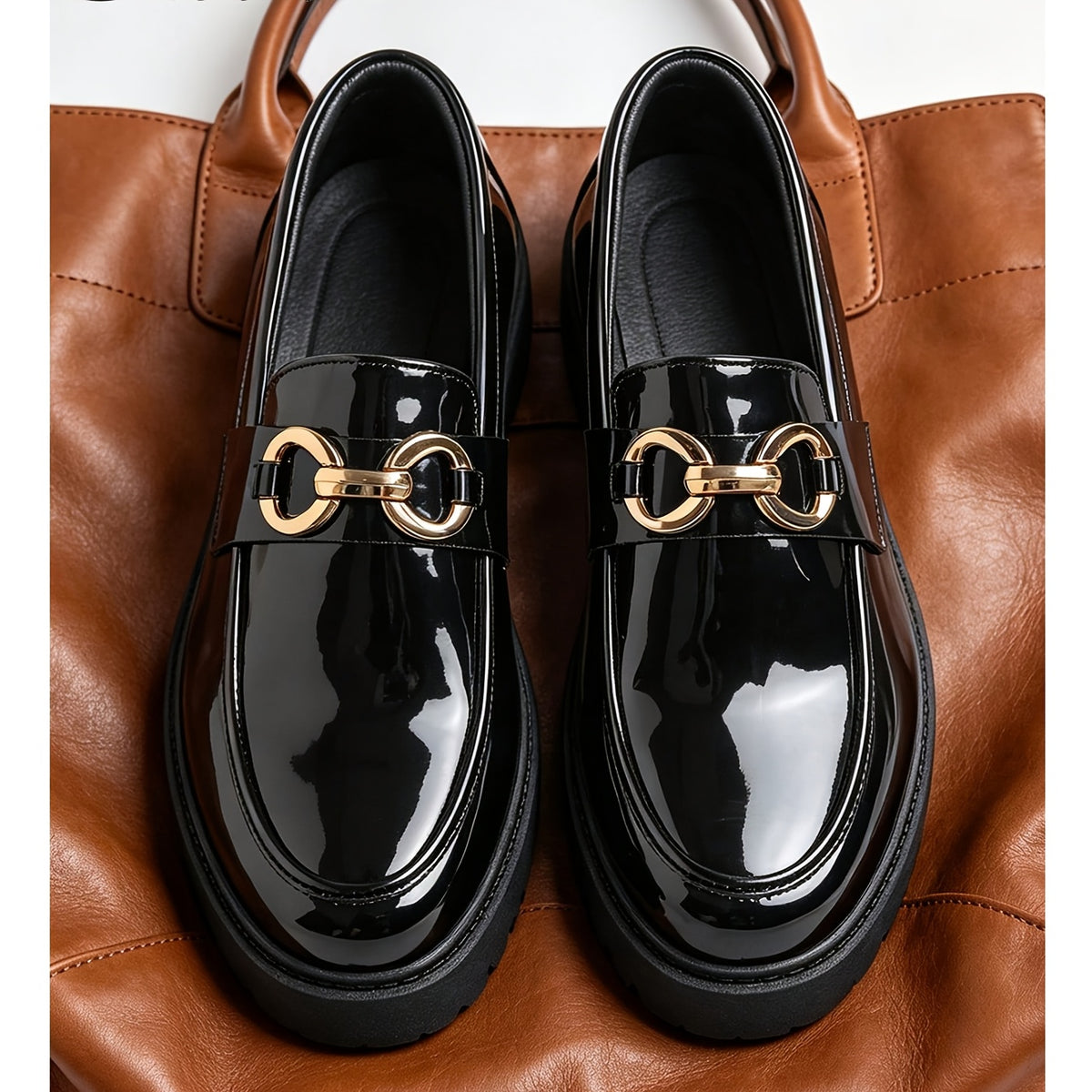 Men's British Style Slip-On Loafers with Metal Buckle, Rubber Sole