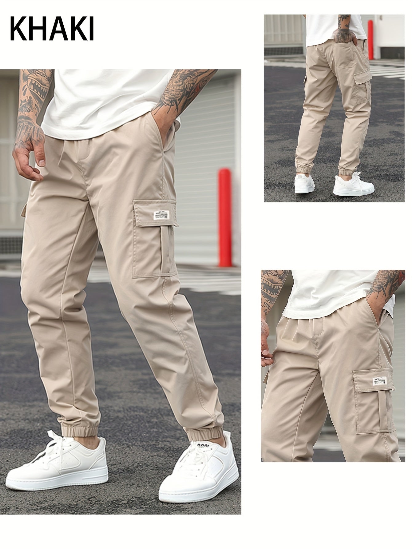 1pc Men'S Casual Polyester Cargo Pants - Mid Waist Elastic Joggers with Multiple Pockets, Non-Stretch Solid Color, Regular Fit for Weekend Wear - Spring/Fall Fashion Trousers