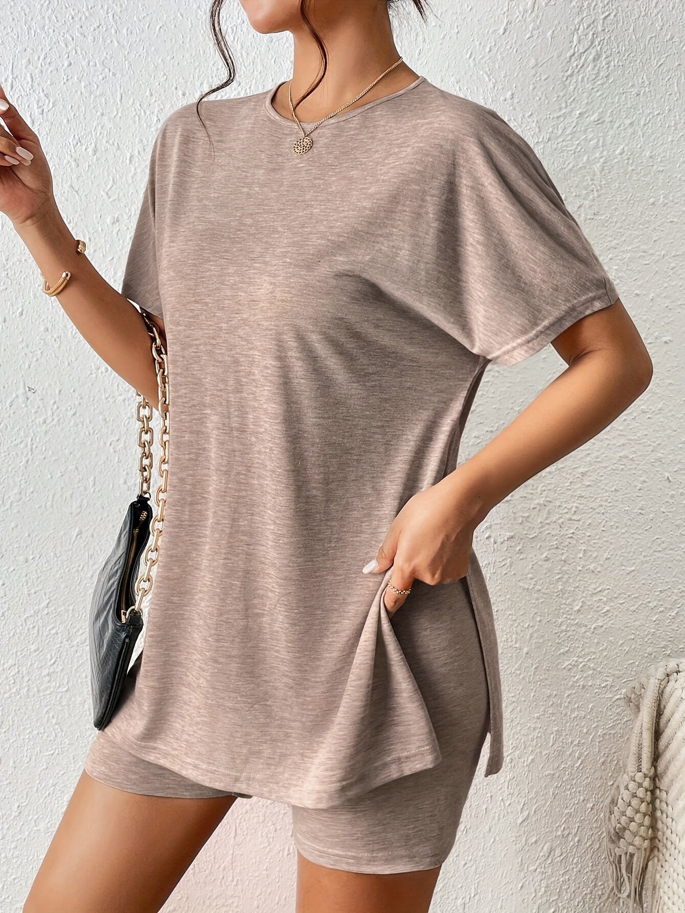 Casual Solid Color Comfortable Two-Piece Set, Bat Sleeve Round Neck Slit T-Shirt and Tight Shorts, Women's Clothing