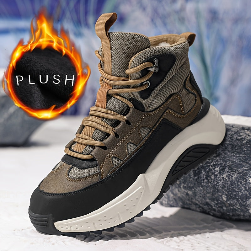 Men's Thermal Insulated Winter Boots with Lining - PU/Fabric Upper, Zipper & Lace Closure, Cushioned Insole & Arch Support, Brown/Black/White/Beige - Low-Top Round Toe for Snow, Ice, and Casual Attire - Ideal for Skiing, Hik