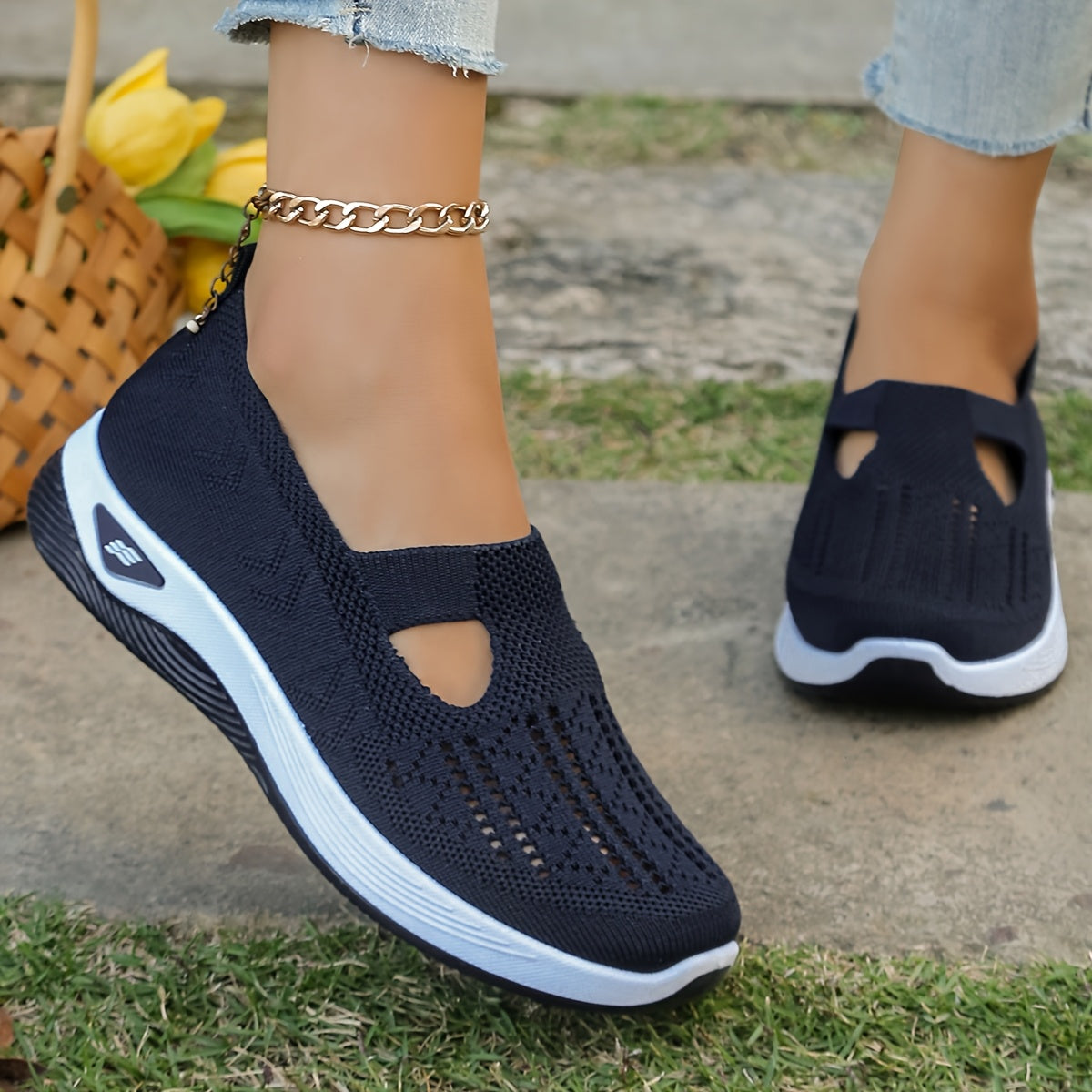 Women's Breathable Mesh Sneakers - Comfort Slip-On Walking Shoes, Soft PVC Sole, Fabric Insole & Lining, Stability Support for Spring/Summer Outdoor Casual Wear, Spring Summer Footwear|Cut-Out Patterns|Fabric Upper Shoes