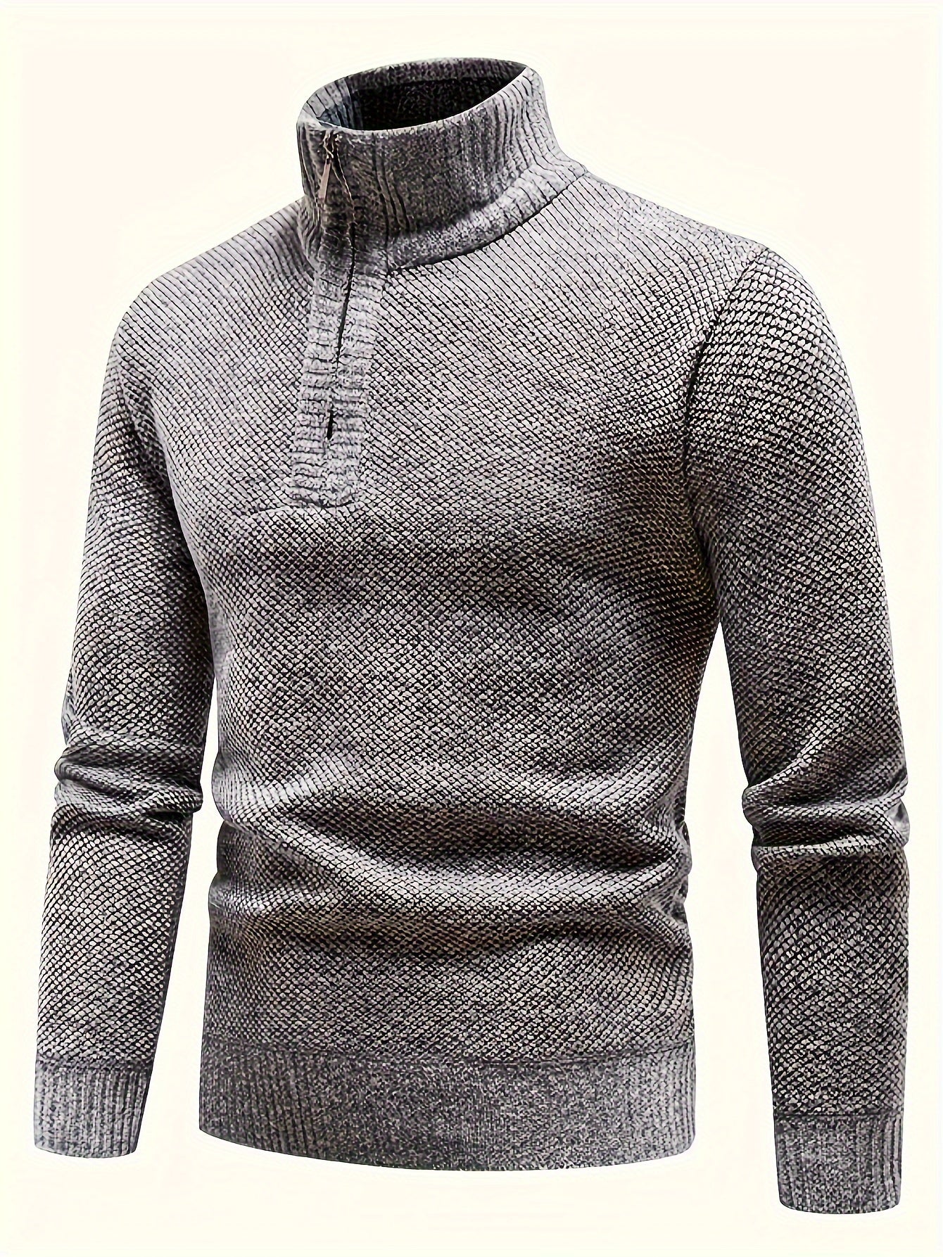 Men's Fleece-Lined Warm Knit Sweater - Autumn/Winter, Solid Color with Stand Collar & Short Zipper Placket, Long Sleeve, Polyester - Ideal for Hiking, Cycling & Casual Attire, Winter Sweater