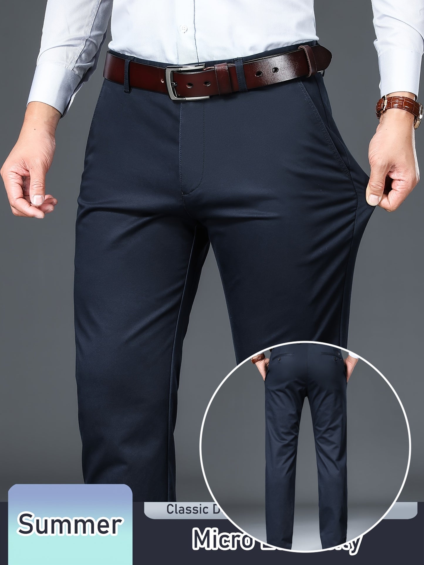 Men's Solid Pants With Pockets, Light Business Style Regular Fit Trousers For Outdoor Activities, Daily Wear For Spring And Autumn
