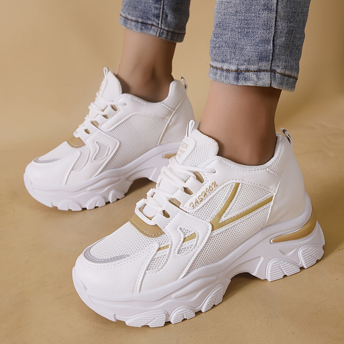 Women's Heighten Mesh Breathable Chunky Sneakers, Color-block Thick Bottom Casual Outdoor Running Shoes