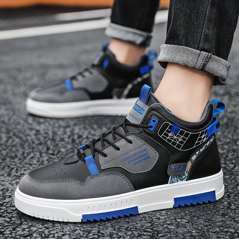 Men's Skate Shoes with Good Grip Breathable Design - PU Upper, Cushioned PVC Sole, Black/Blue Letter Pattern Lace-Up Sneakers for All-Season Casual Sports Wear, Allseason Shoes Modern Casual Shoes Comfortable Wear