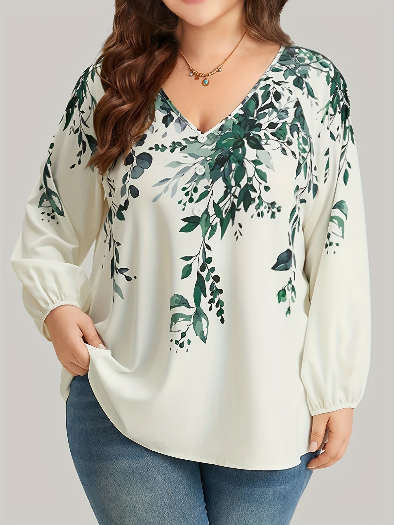 Plus Size Floral Print Blouse, Casual V Neck Long Sleeve Blouse For Spring, Women's Plus Size Clothing