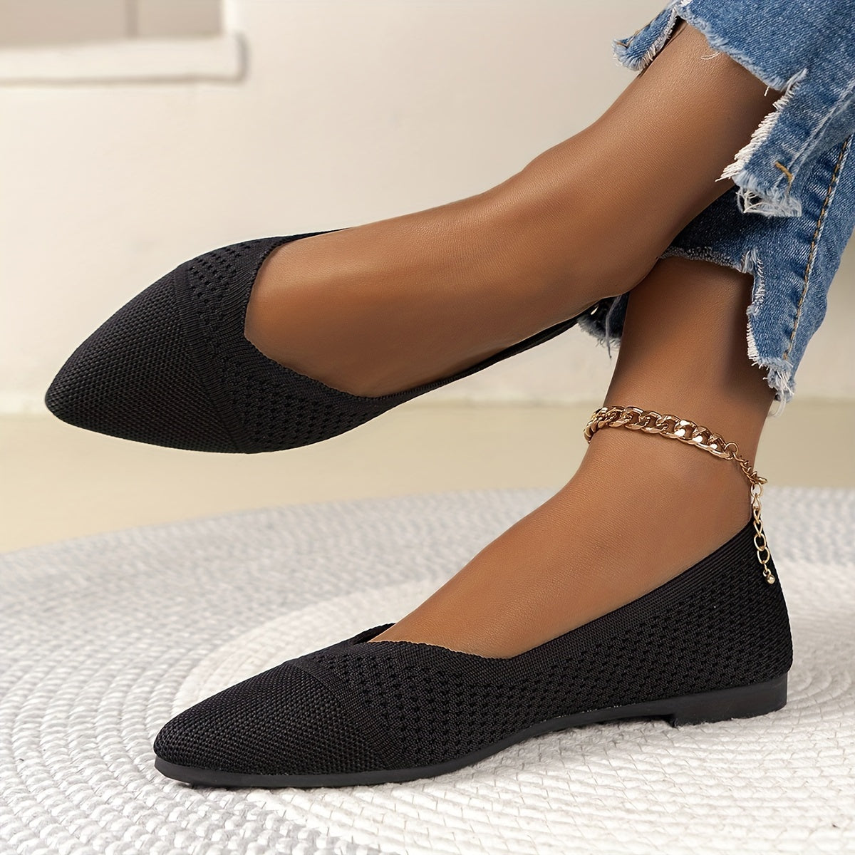 Women's Fashion Flat Shoes, Casual Pointed Toe Knit Flats, Breathable & Comfort Slip-On Ballet Shoes For Daily Wear