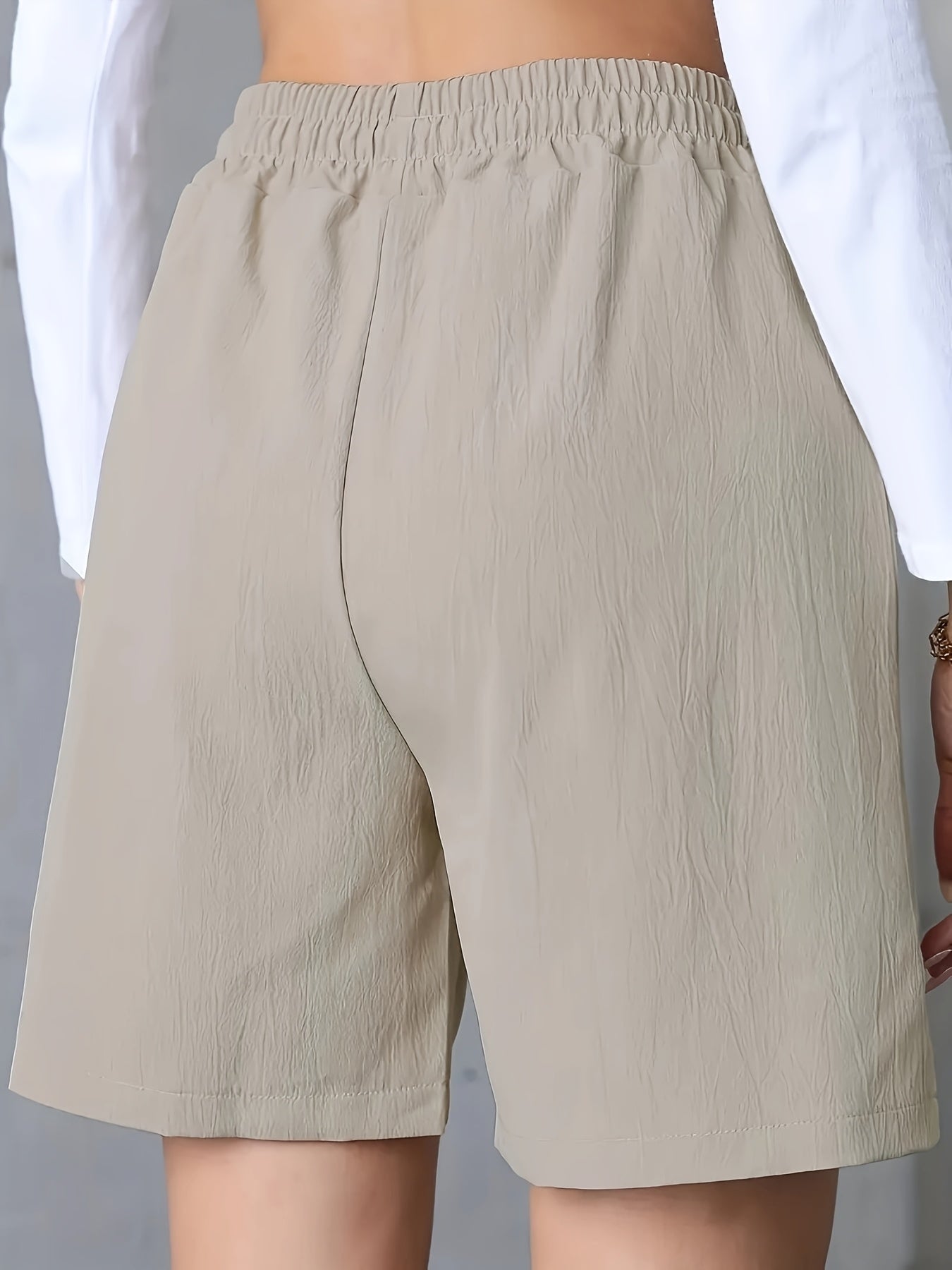 Light Pink Women's Casual High-Waist Wide-Leg Shorts with Tie Drawstring - Polyester, Non-Stretch, Smooth Texture, Summer Ready with Pockets