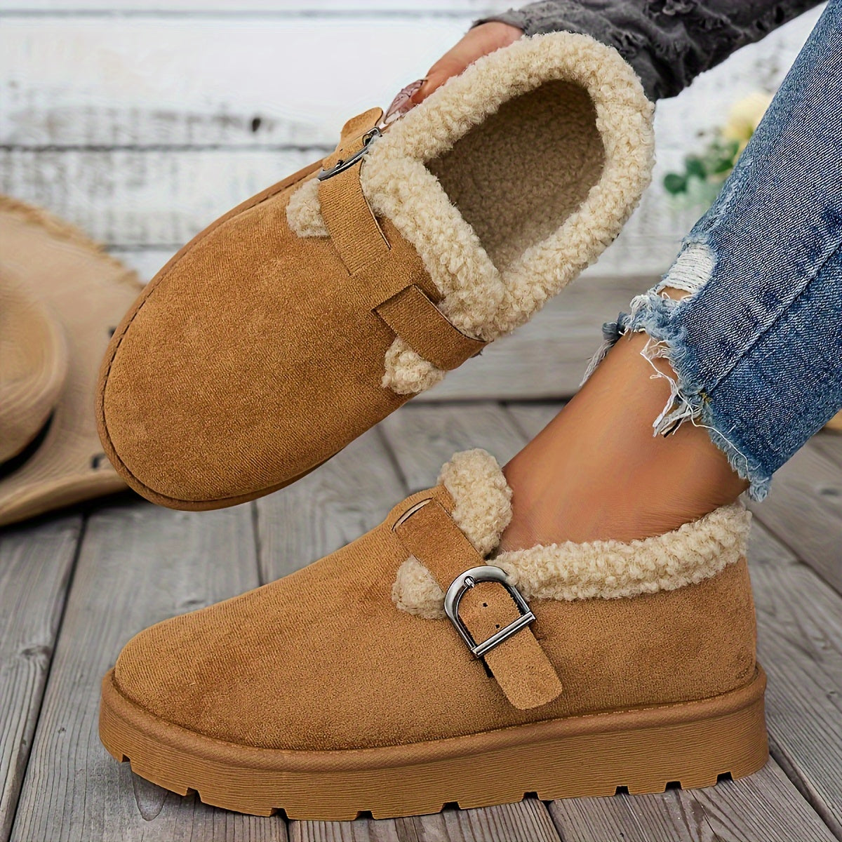 Women'S Warm Fleece-Lined Ankle Slippers, Solid Color, Round Toe, Fabric Upper/Inner, Rubber Sole, Cozy Winter Footwear