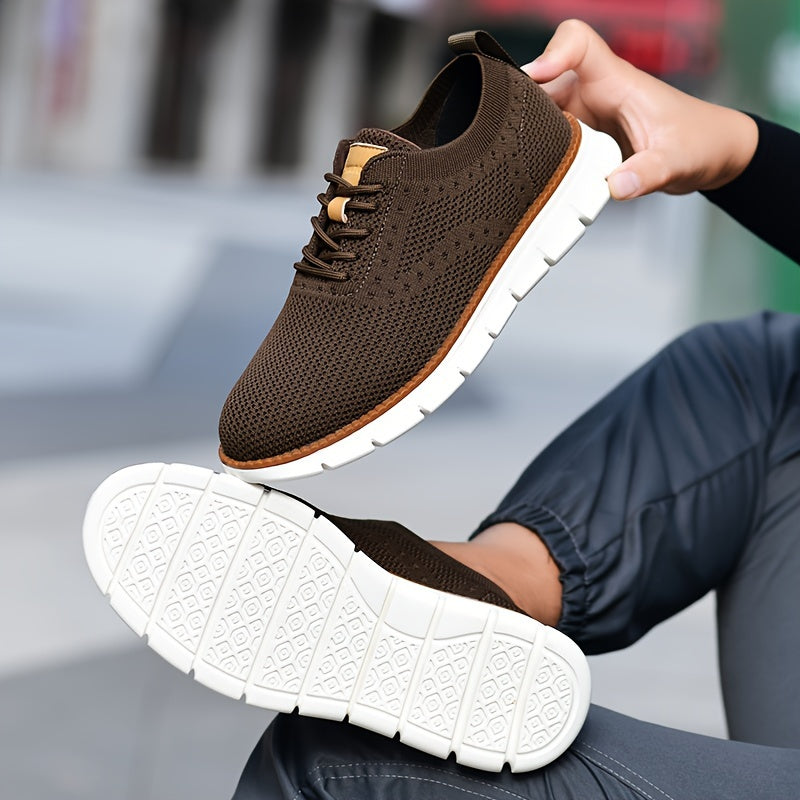 Men's Breathable Knit Business Casual Shoes - Beige with Brown Accents, Lace-Up, EVA Sole, Round Toe, Versatile for All Seasons, Dressy Shoes
