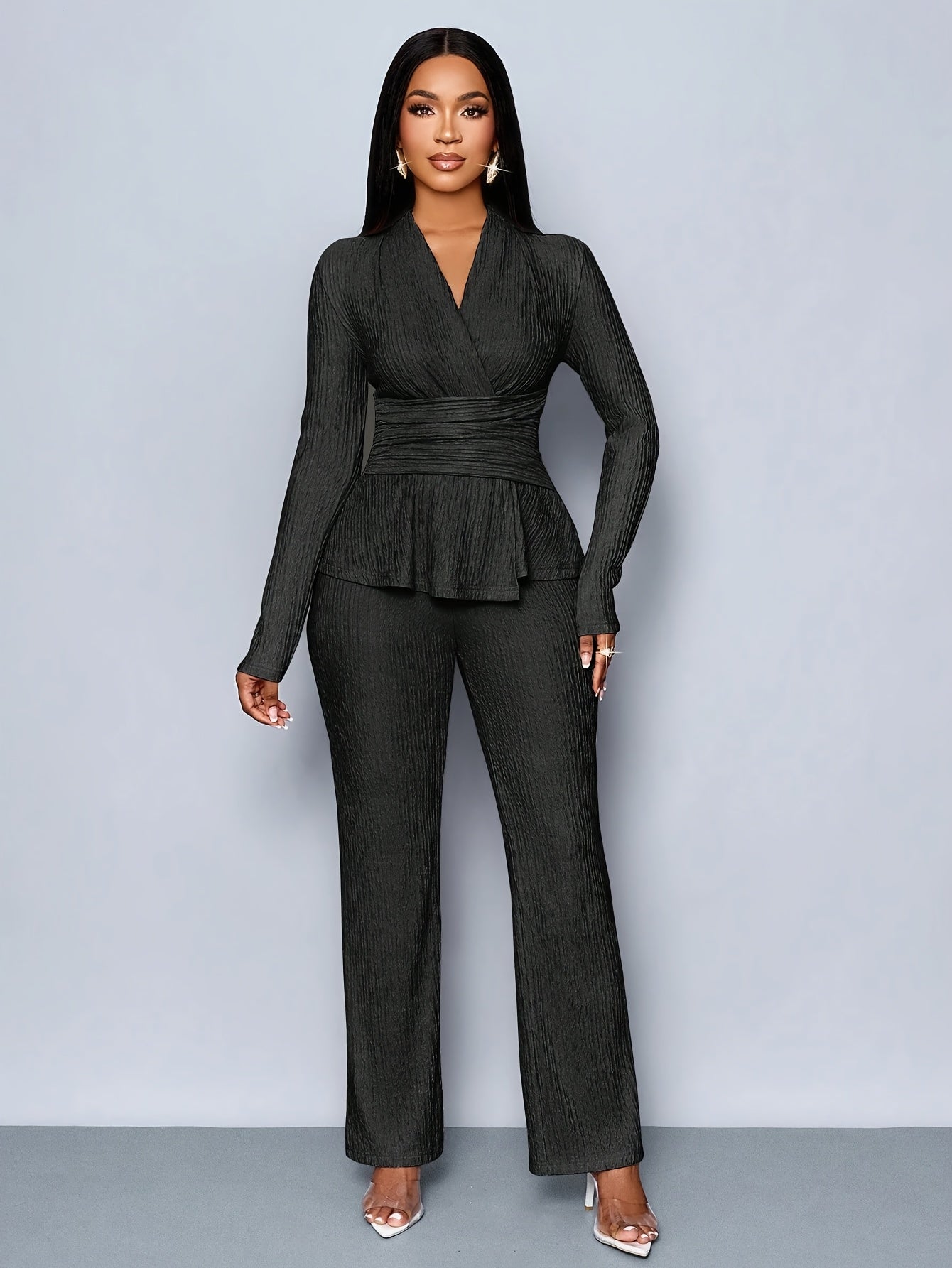 Women'S Elegant Beige Two-Piece Suit with V-Neck and Long Sleeves, Asymmetrical Hem, Wide Leg Pants, and Clutch - Perfect for Office or Casual Wear, Casual Attire|Elegant Two-Piece Set|Asymmetrical Hemline