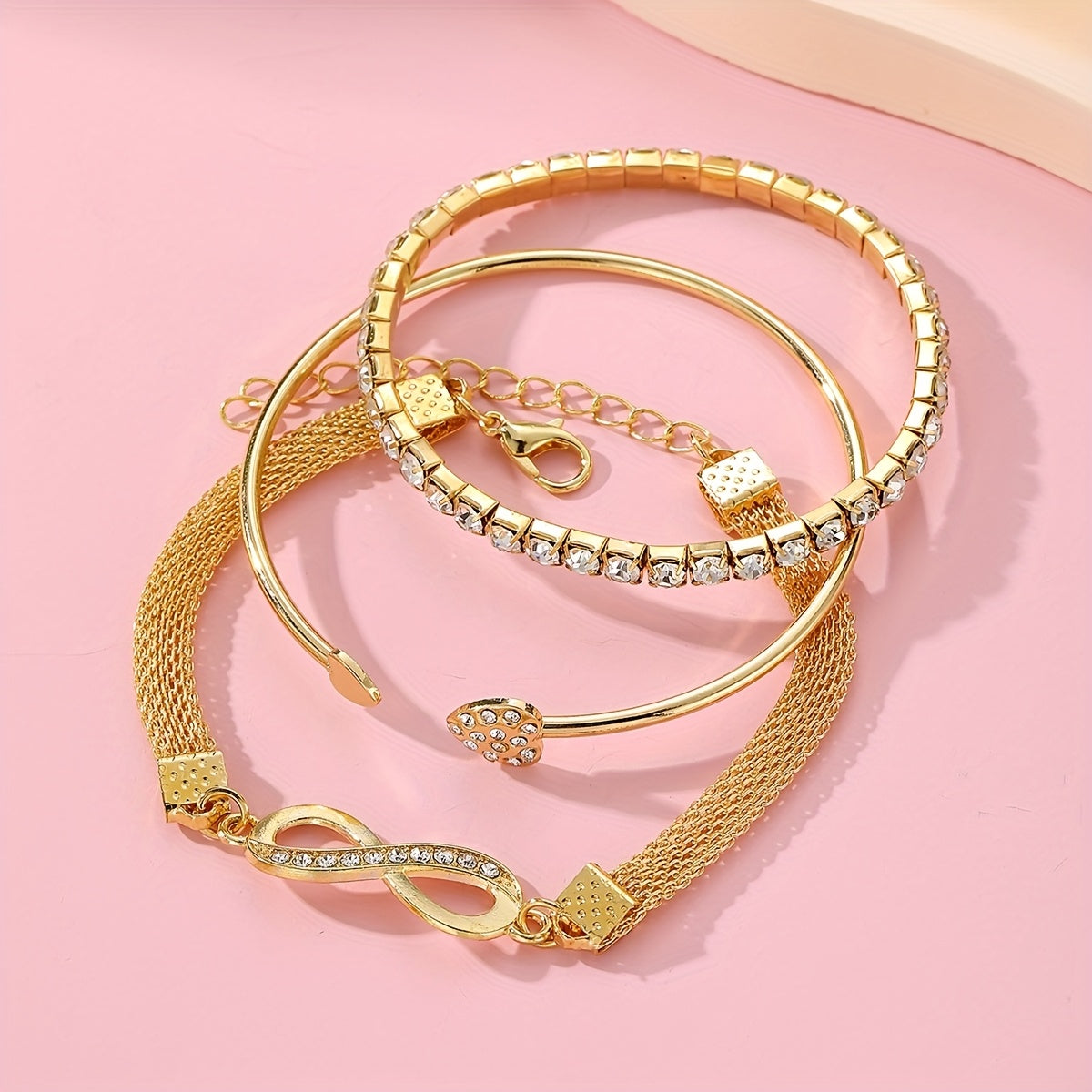 3pcs Vintage Elegant Rhinestone Bracelet Set, Adjustable Heart & Infinity Symbol Bangle, Women'S Alloy Open Cuff, Daily & Gift Occasion, All-Season Jewelry Collection