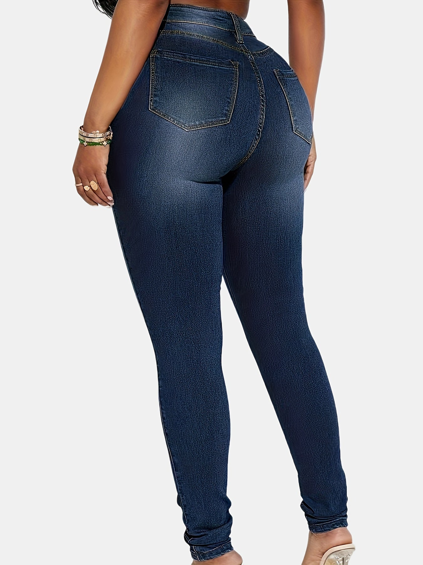 1pc Women'S Plus Size Stretch Denim Jeans, Solid Color Button-Up Washed Casual Style, (75%, 22% Polyester, 3% Spandex), Medium Stretch Fabric, All-Season Woven Pants