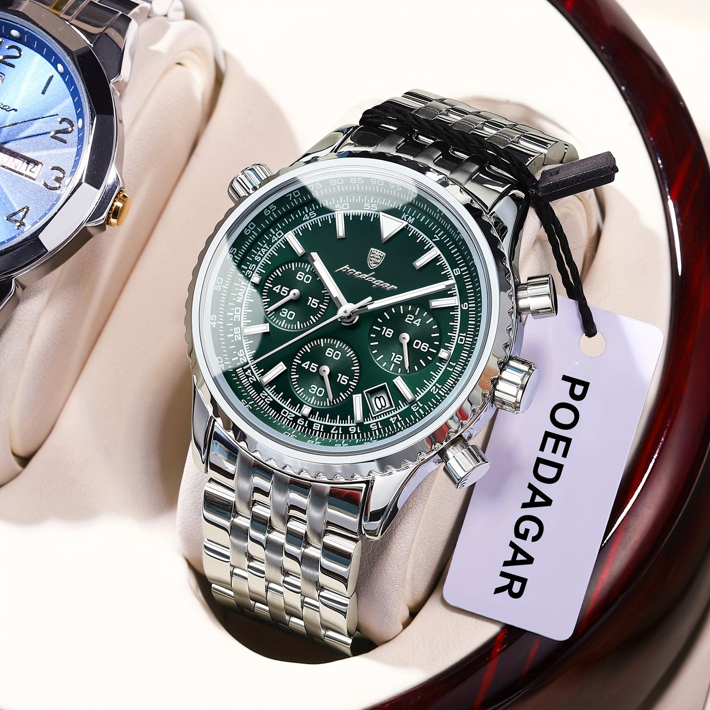 POEDAGAR Men's Luxury Stainless Steel Watch, Chronograph, Calendar, Date Display, Green Dial with Black Bezel & Roman Numerals, Quartz Movement, Casual to Business Style, Suitable for Women