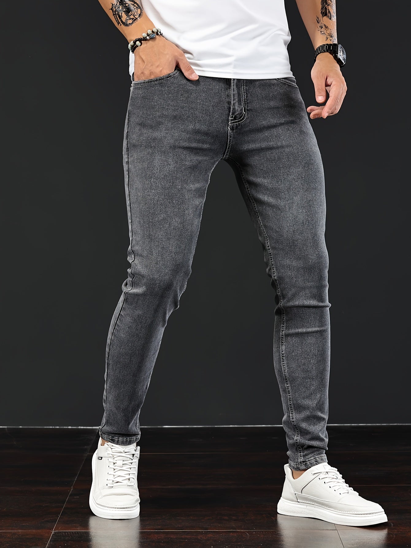 Slim Fit Chic Jeans, Men's Casual Street Style All Match Stretch Denim Pants With Pockets