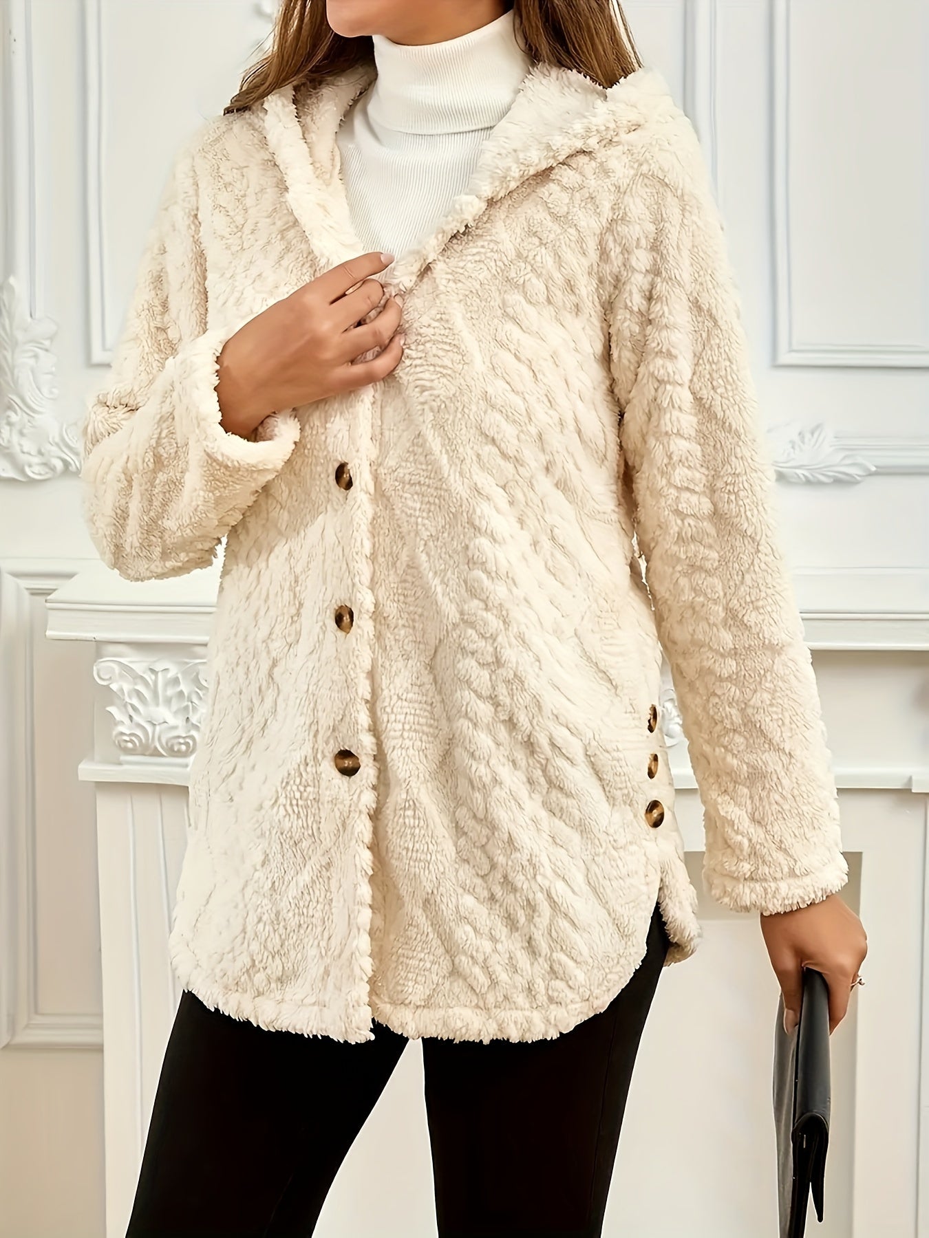 Elegant Pink Faux Fur Coat for Women - Chic Button-Front Hooded Jacket with Sleek Collar, Long Sleeves, and Ribbed Detailing - Perfect for Fall & Winter, Hand or Dry Clean Only