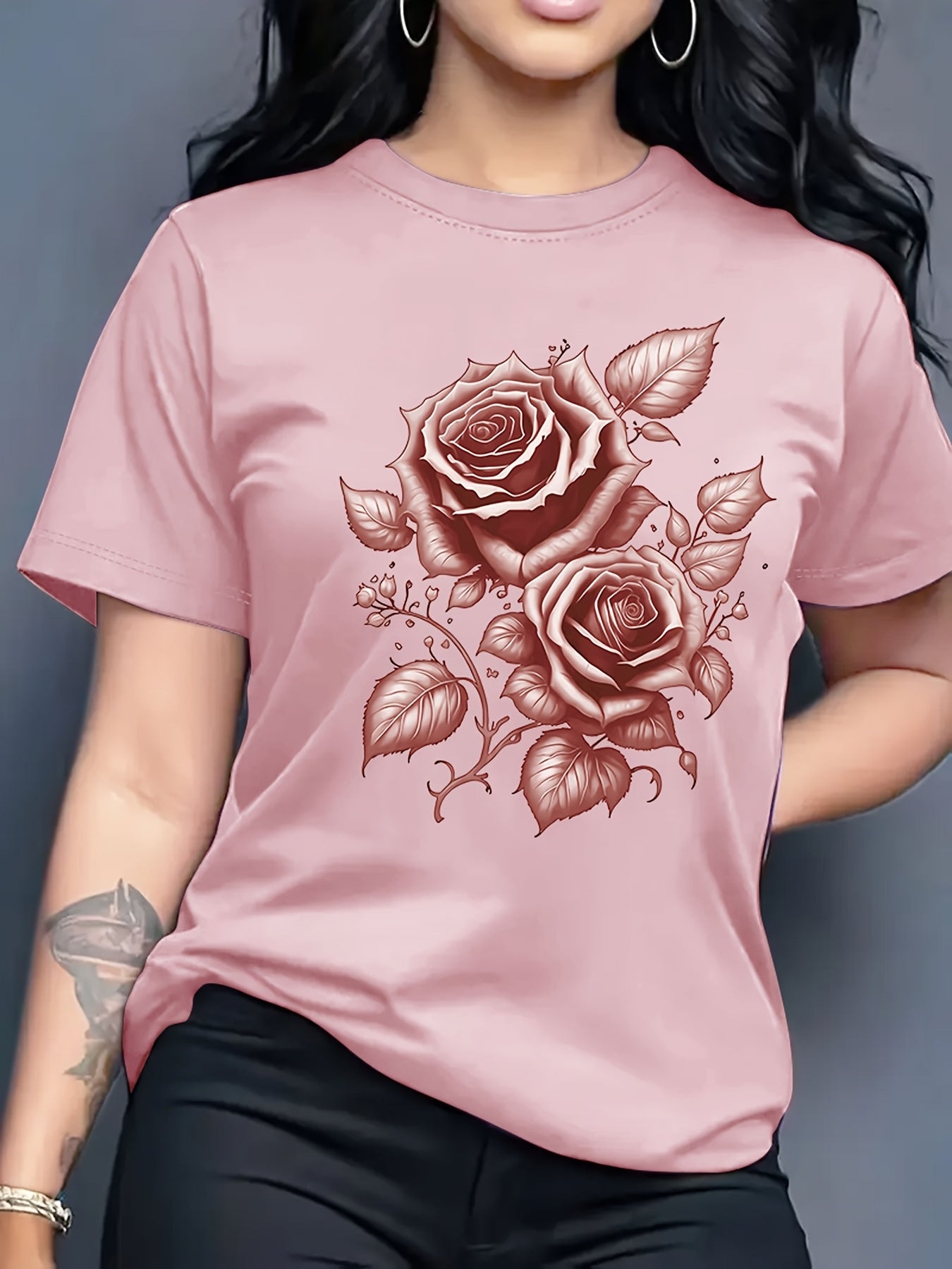 Women's Light Blue Yellow Rose Print T-Shirt - Short Sleeve Crew Neck Casual Top with Medium Stretch, Machine Washable & Breathable Fabric for All-Season Comfort, Relaxed Style, Graphic Tee, Stretchy Material, Printed Shirt,