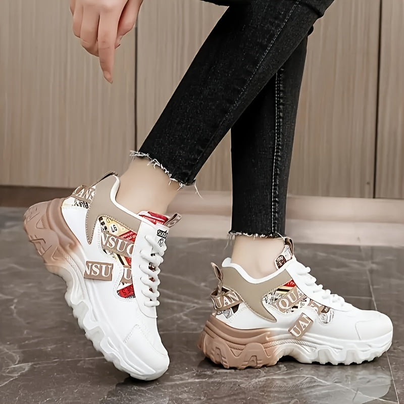 Women's Chunky Platform Sneakers - High-Top Lace-Up Shoes with Cushioned PVC Sole, Beige/White/, Synthetic Cover Upper - All-Season Outdoor, Casual, Office Shoes for Everyday Formal Outfits - Lightweight Thick Platform Foot