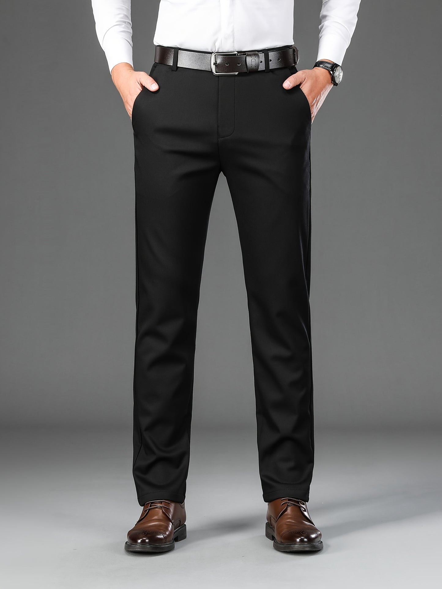 Men's Classic Solid Color Dress Pants - Comfort Fit, All-Season Polyester Blend, Machine Washable - Perfect for Business & Casual Wear