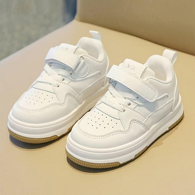 Preppy Style Solid Color Casual All-Season Low Top Sneakers for Boys and Girls with Adjustable Strap Closure, PU Upper, Fabric Lining, and Durable Rubber Sole, Perfect for Daily Wear & School Under 14 Years - White