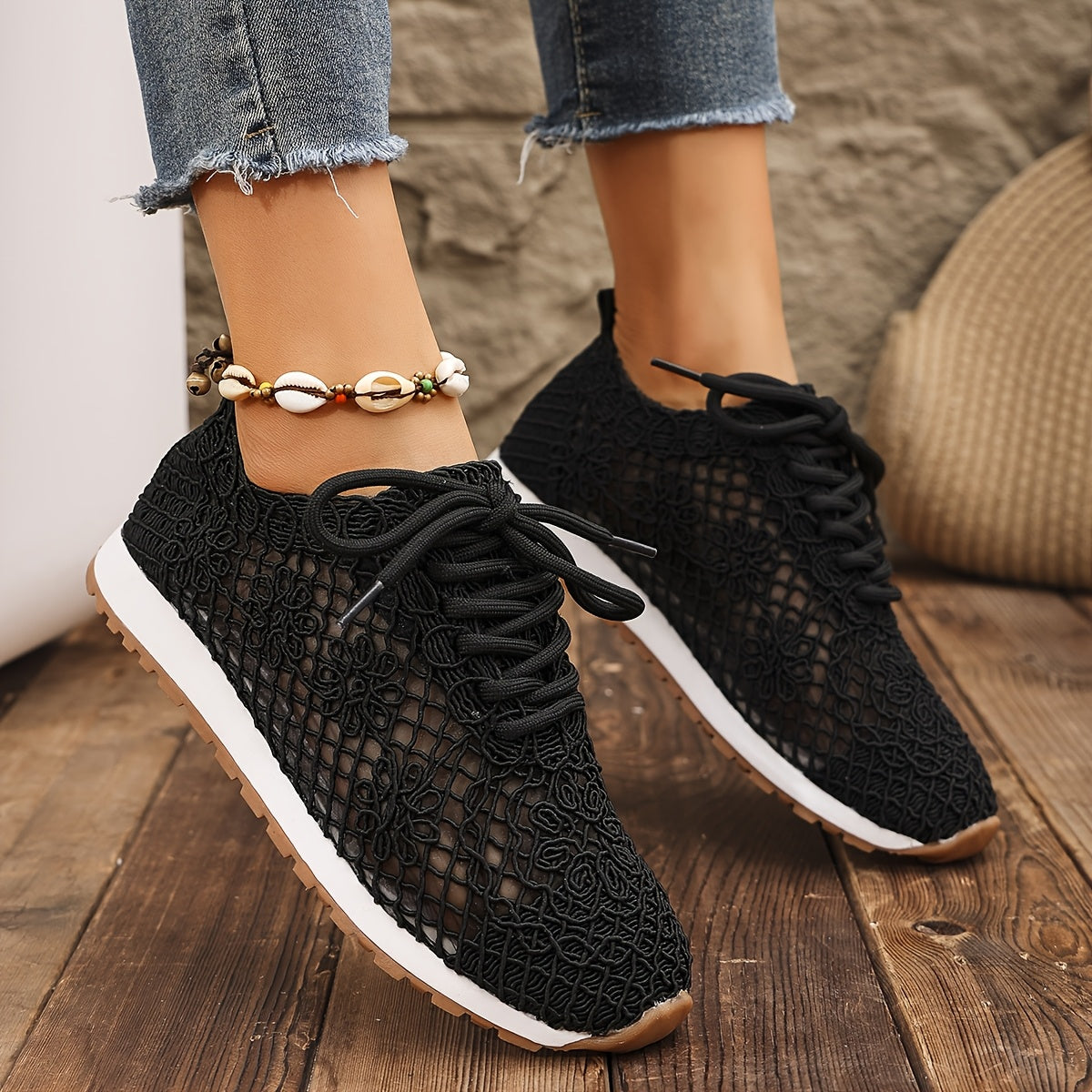 Women's Summer Solid Color Lace-Up Mesh Casual Shoes, Breathable Fabric with Rubber Sole, Net Fabric