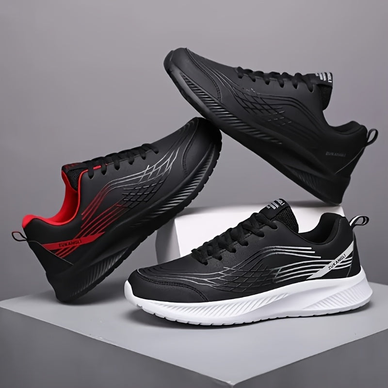 Men's Breathable Lightweight Running Shoes with Air Cushion Technology - Black Low-Top Sneakers for Walking, Jogging, Training Casual Wear, PU Upper MD Sole, All-Season Comfort, Sleek Sporty Design, Cushioned Support