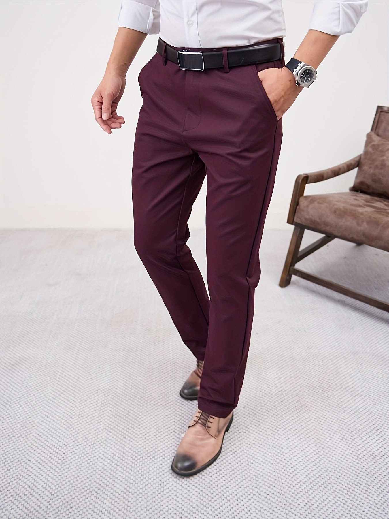 Men'S Casual Solid Color Regular Length Slight Stretch Woven Fabric Pants for Adult