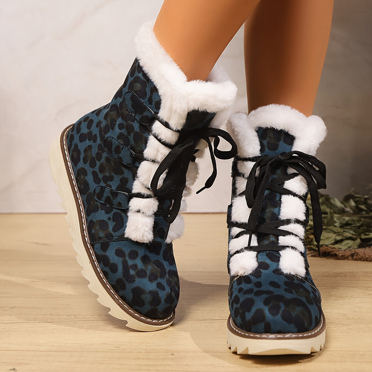 Women's Leopard Print Winter Boots with Flat Sole & Lace-Up Closure - Blue Round Toe Fabric Upper, Rubber Traction Outsole for Cold Weather Comfort, African-Inspired Fashion Footwear, Cold Weather Gear, Comfortable Boots, War