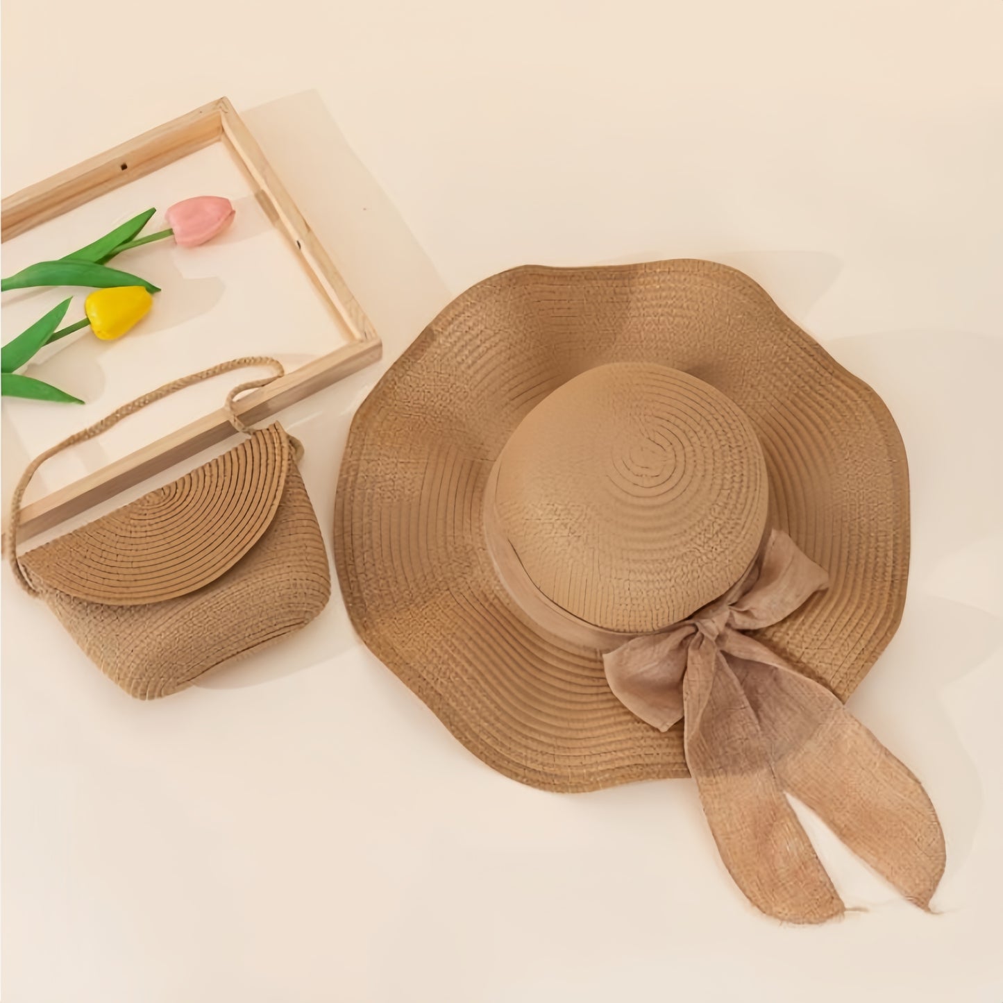 2pcs Women's Khaki Wave Beach Sun Hat & Woven Shoulder Bag Combo - Stylish Ruffled Brim Design, Lightweight & Breathable for Spring/Summer Beach Vacations and Outdoor Activities, Beach Accessories