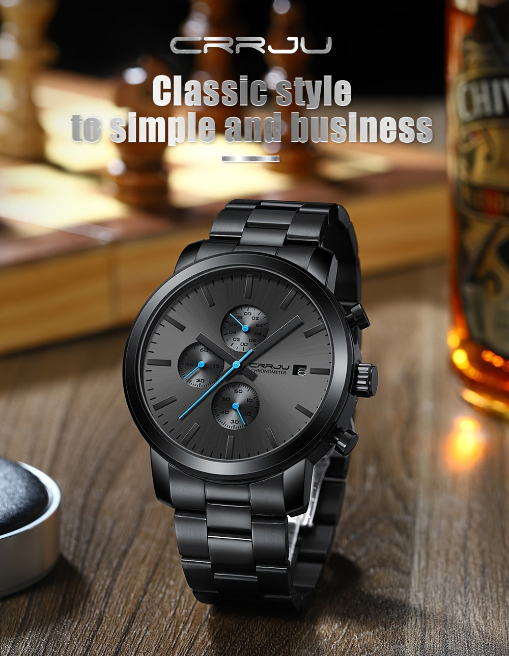 CRRJU Luxury Men's Stainless Steel Quartz Watch - Business Style, Chronograph,, Analog Display, High-end, Quartz, Suitable for Women