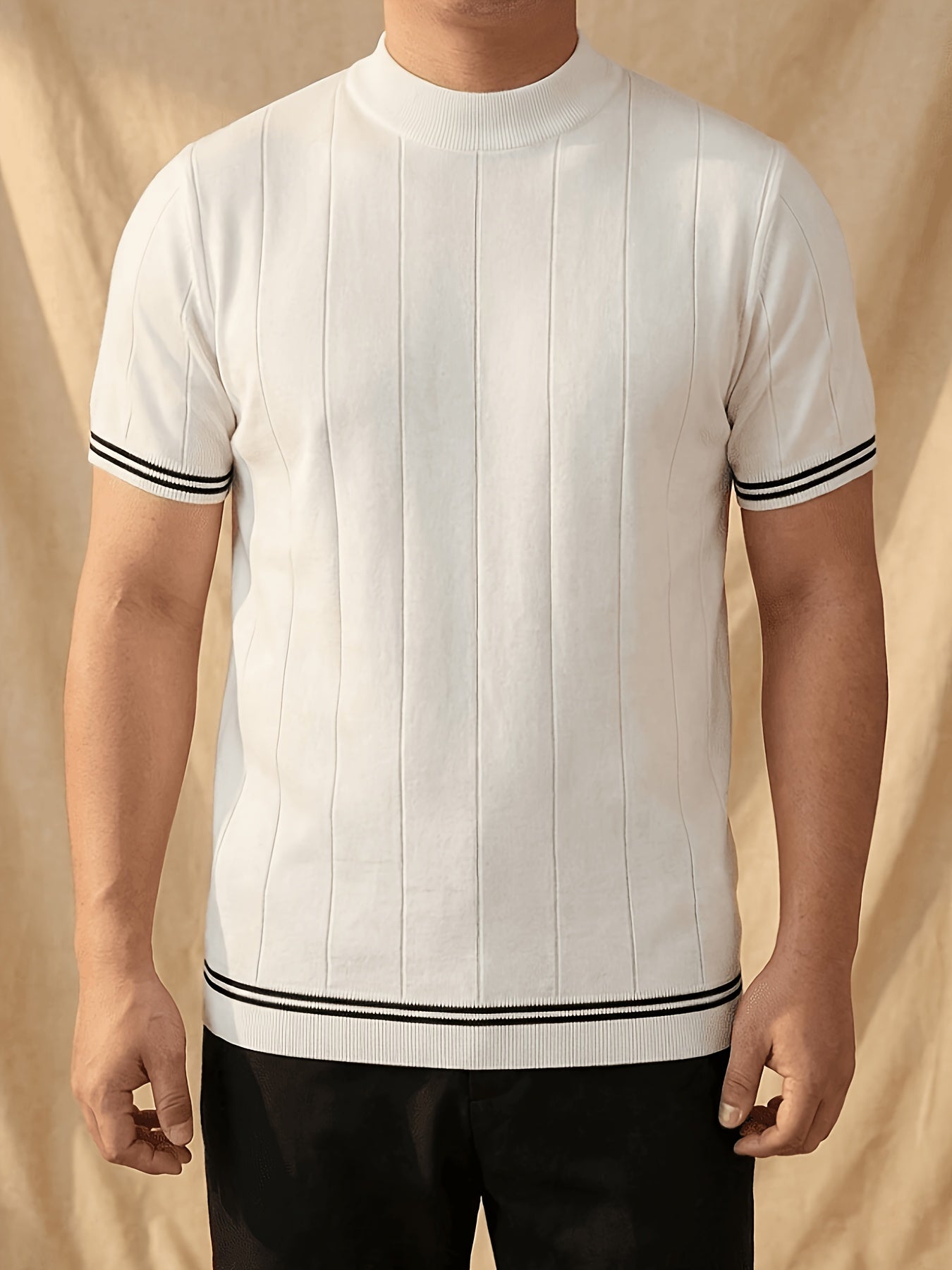 Men's Summer Ribbed Striped Fitted Knit Shirt Casual Style