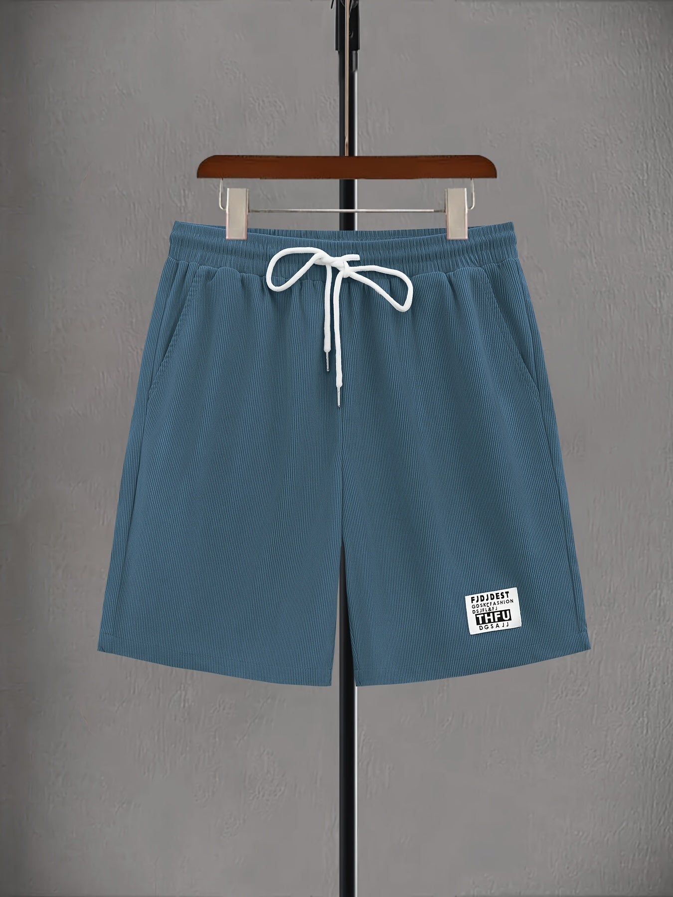 Men's Casual Corduroy Shorts with Drawstring Waist, Side Pockets, and "California" Print - Black, Polyester, All-Season Wear for Outdoor Activities